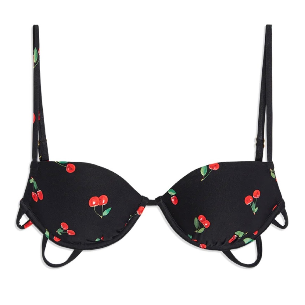 WEWOREWHAT Cherries Black Multi Ruched Underwire Top, Size L, NWT